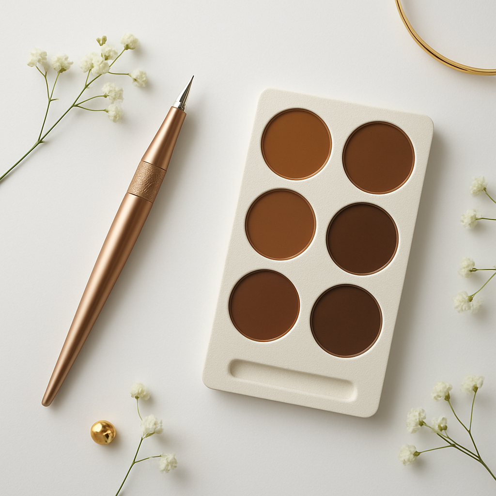 Precision microblading pen and pigment palette on a clean white surface with flowers