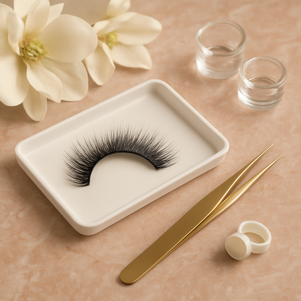 Wispy eyelash extensions displayed on a rose gold marble surface with gold tools