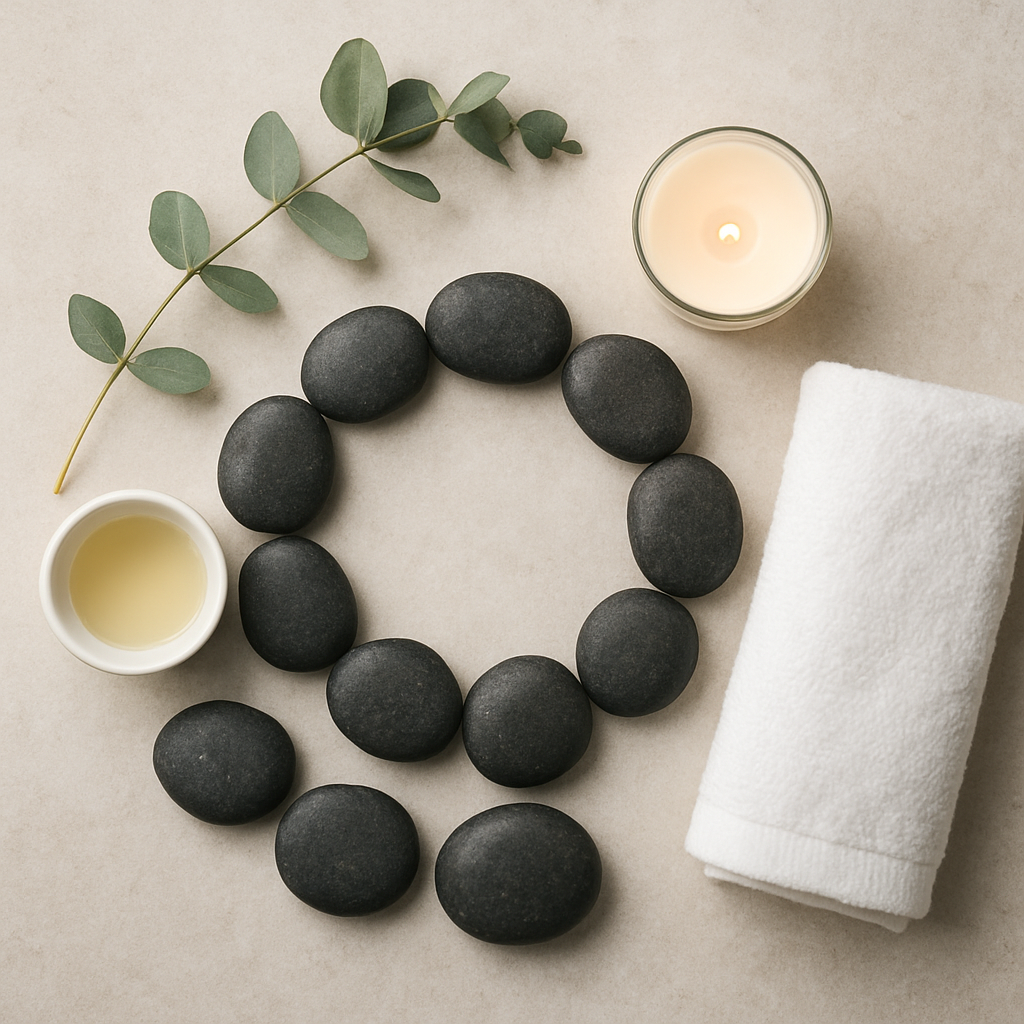 Serene day spa setup with smooth stones, eucalyptus, and a lit candle