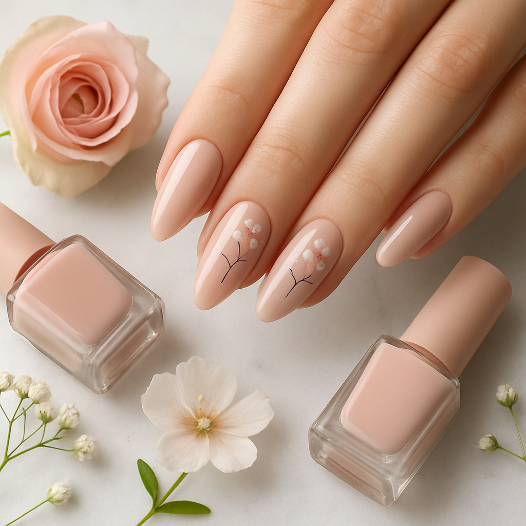 Close-up of beautifully polished blush pink manicured nails on a marble surface