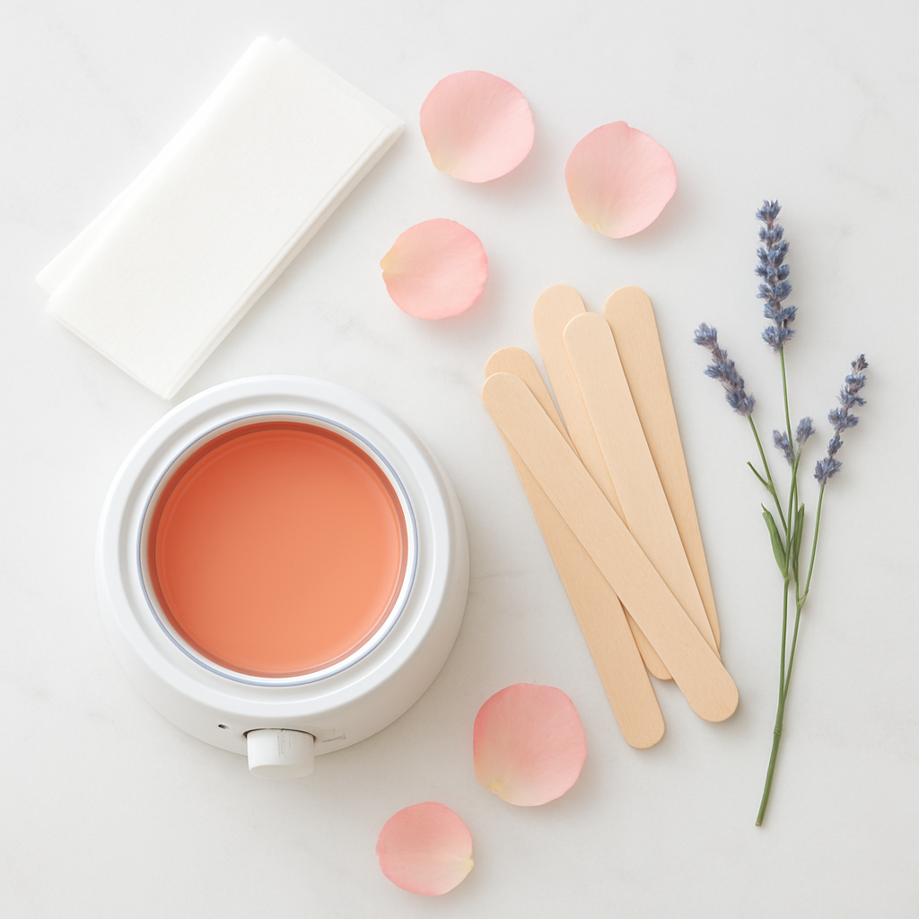 Professional waxing supplies arranged elegantly on a white marble surface